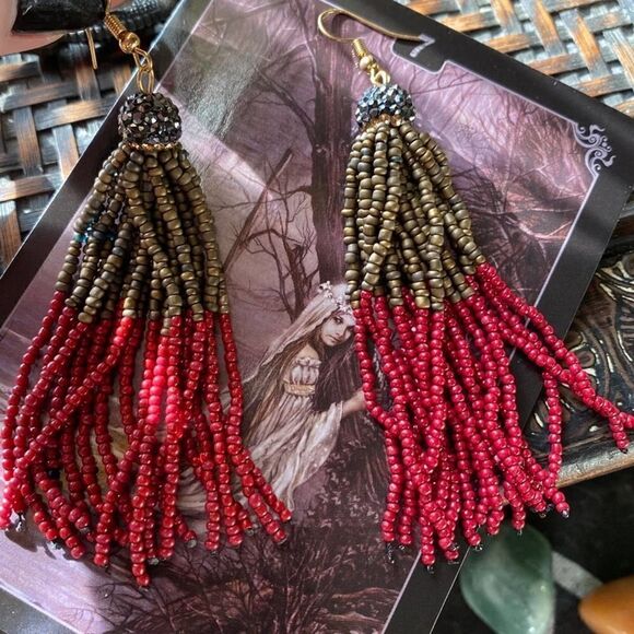 Red And Green Seed Bead Tassel Pave Crystal Earrings - Picture 6 of 7